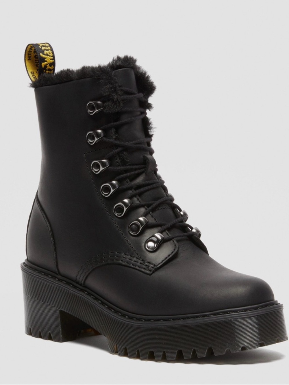 Dr. Martens Leona Black Faux-Fur Lined Lace-Up Platform Ankle Boot 7 NWOB